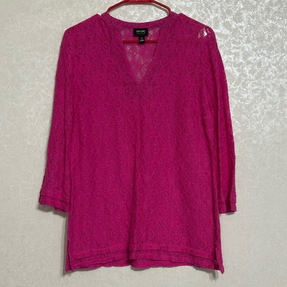 Nicole by Nicole Miller Tops - Nicole Miller Hot Pink Floral Top Semi Sheer Lace Blouse V-Neck 3/4 Sleeve S